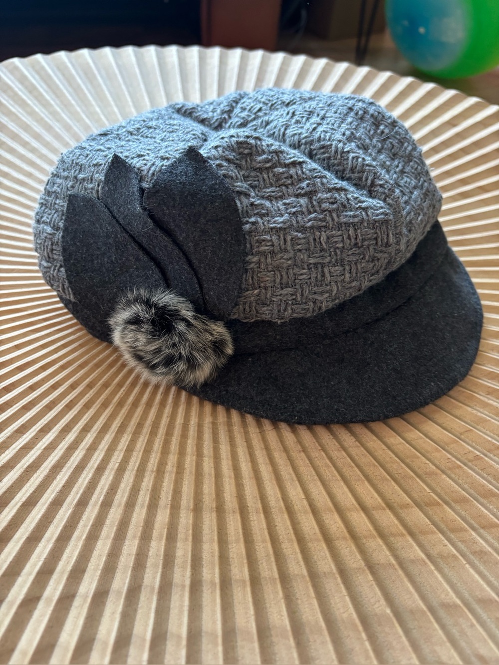Gray Textured Wool Cadet Cap with Faux Fur Pom Accent